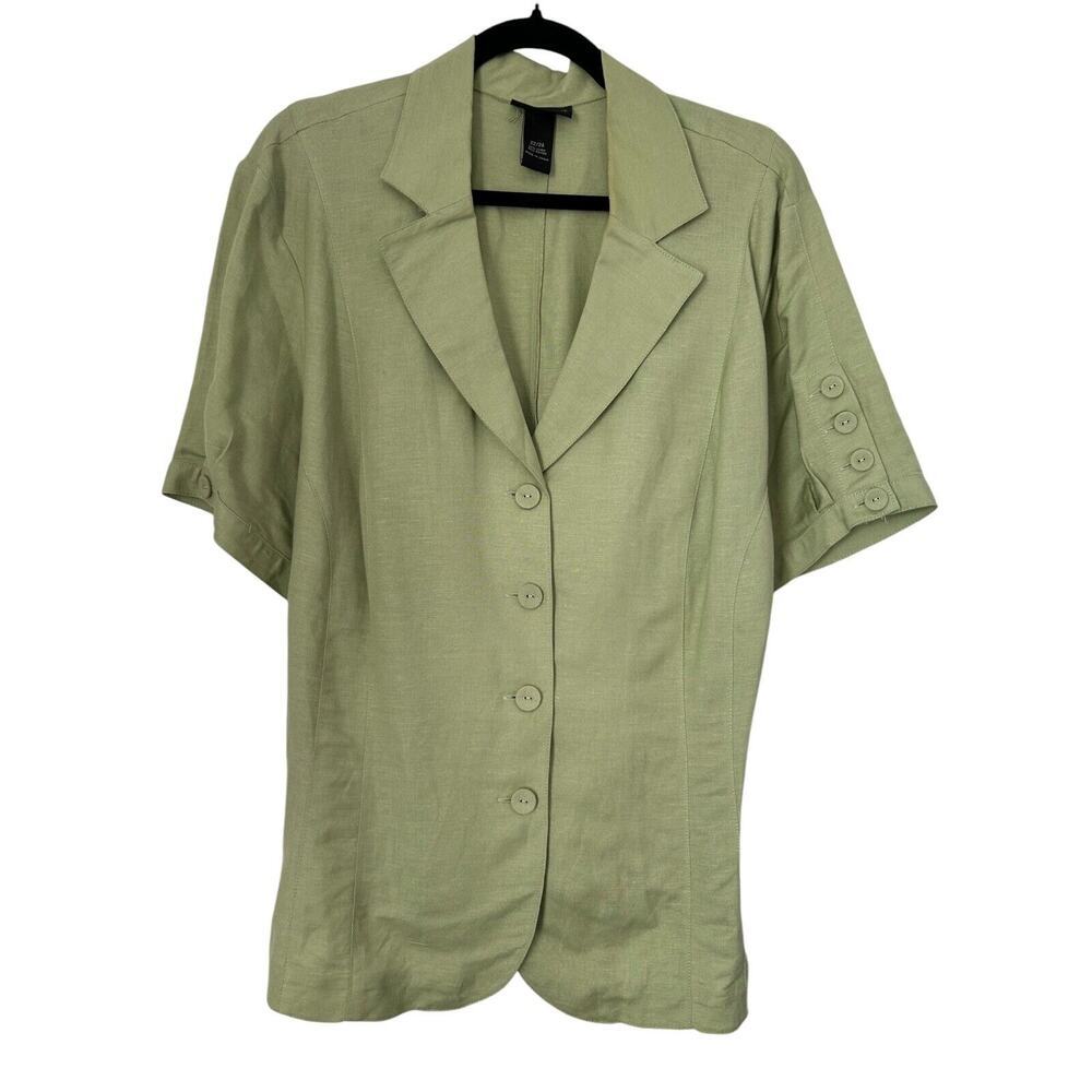 Lane Bryant Top Size 22/24 Light Green Linen Blend Short Sleeve Button Front Tie